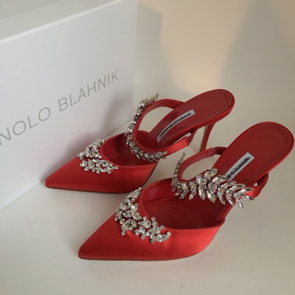Manolo Blahnik Lurum 90 Embellished Satin Mules - Picture 2 of 13